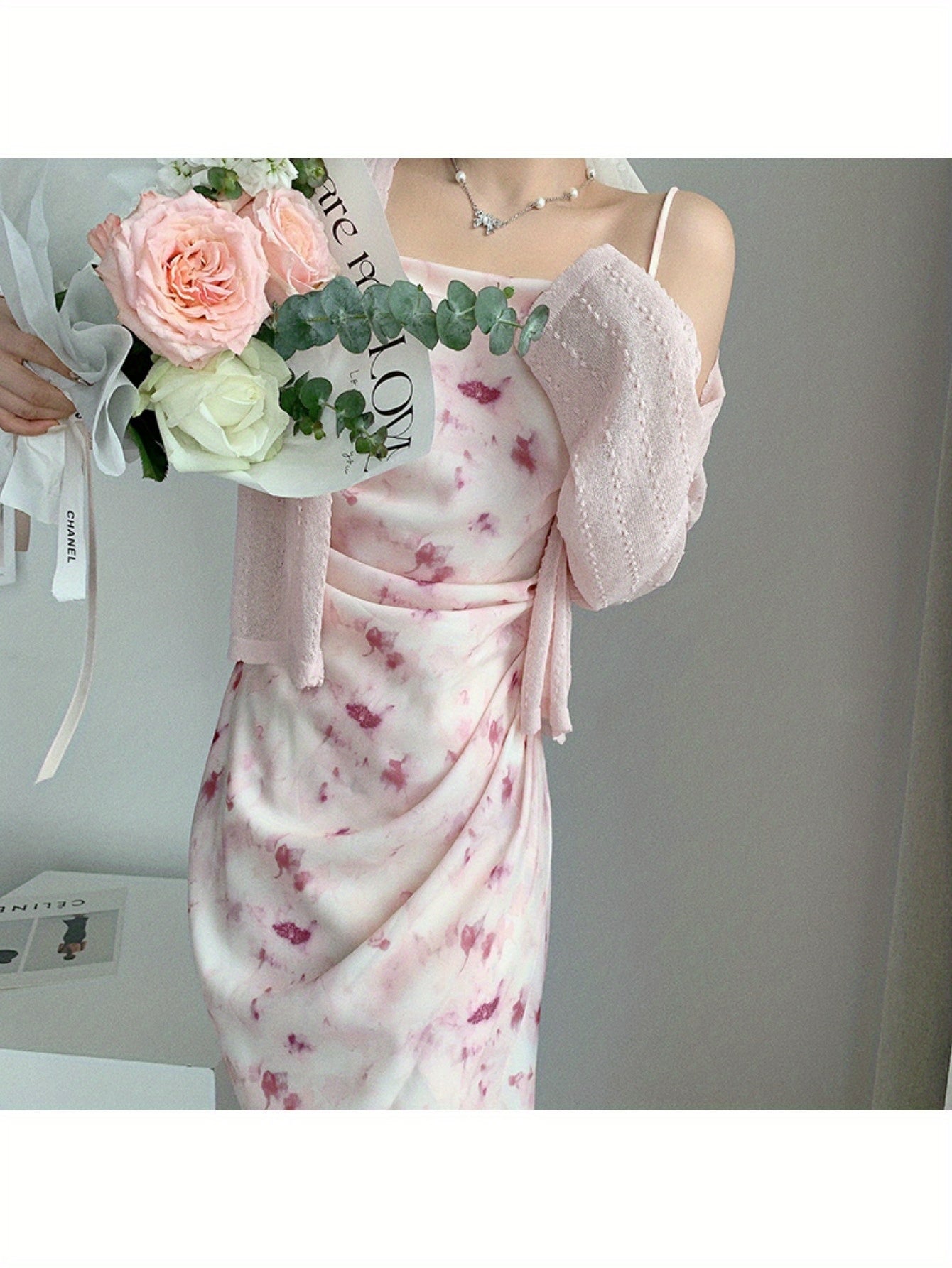 Pink print suspender dress women's summer swinging collar high waist thin chiffon dress