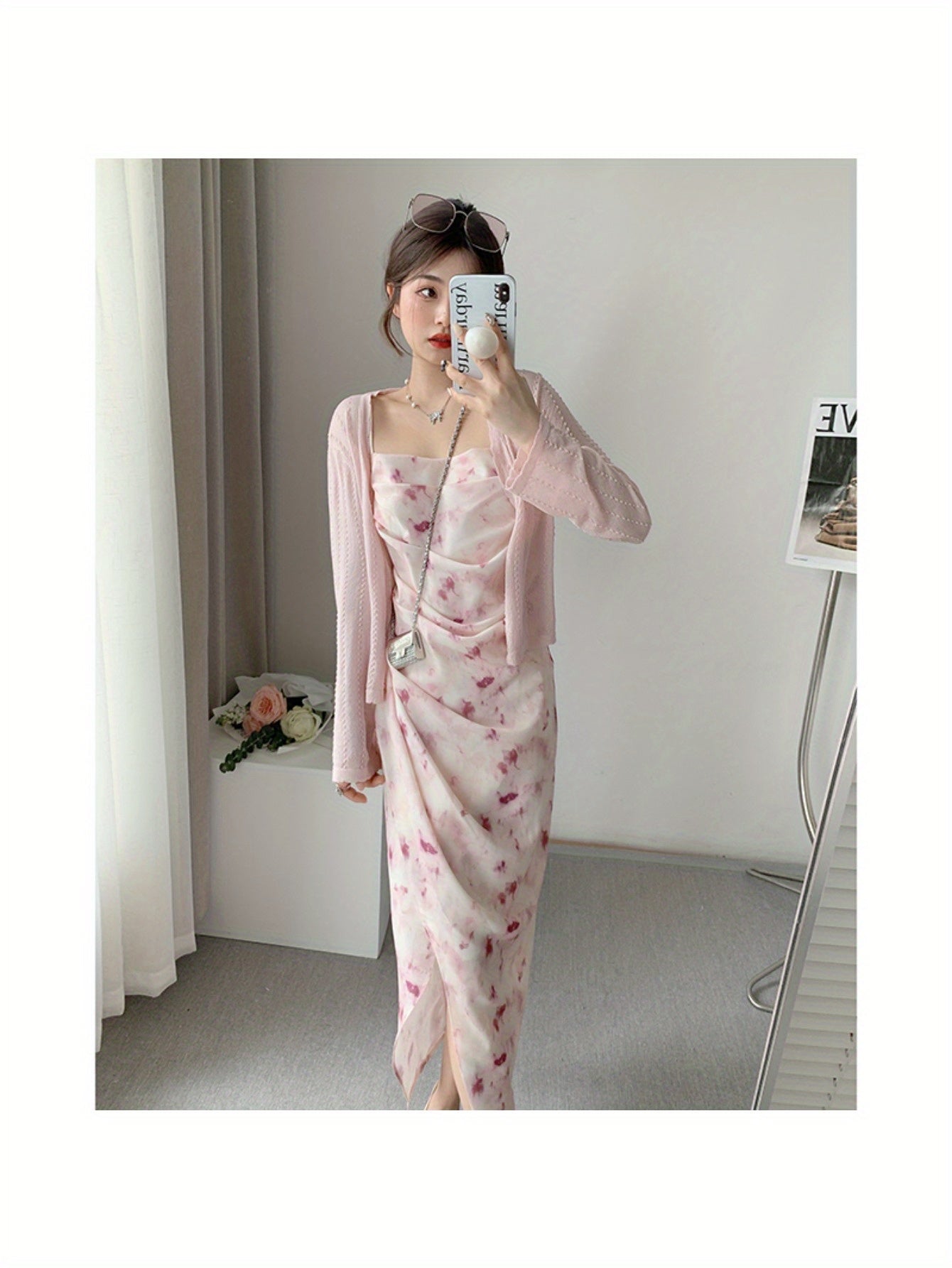 Pink print suspender dress women's summer swinging collar high waist thin chiffon dress