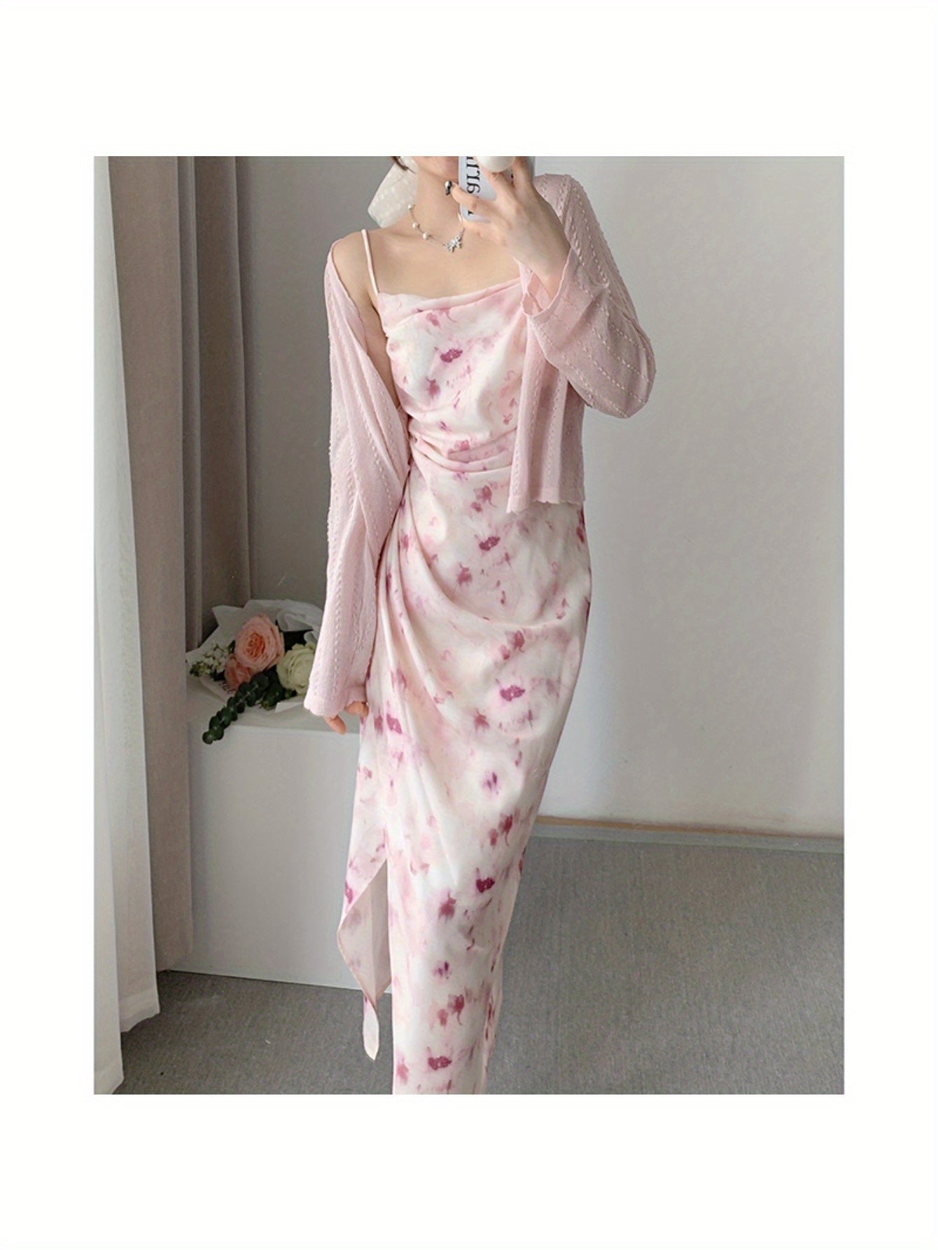 Pink print suspender dress women's summer swinging collar high waist thin chiffon dress