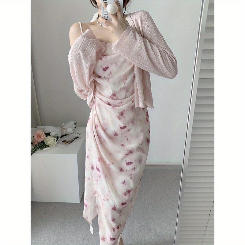 Pink print suspender dress women's summer swinging collar high waist thin chiffon dress