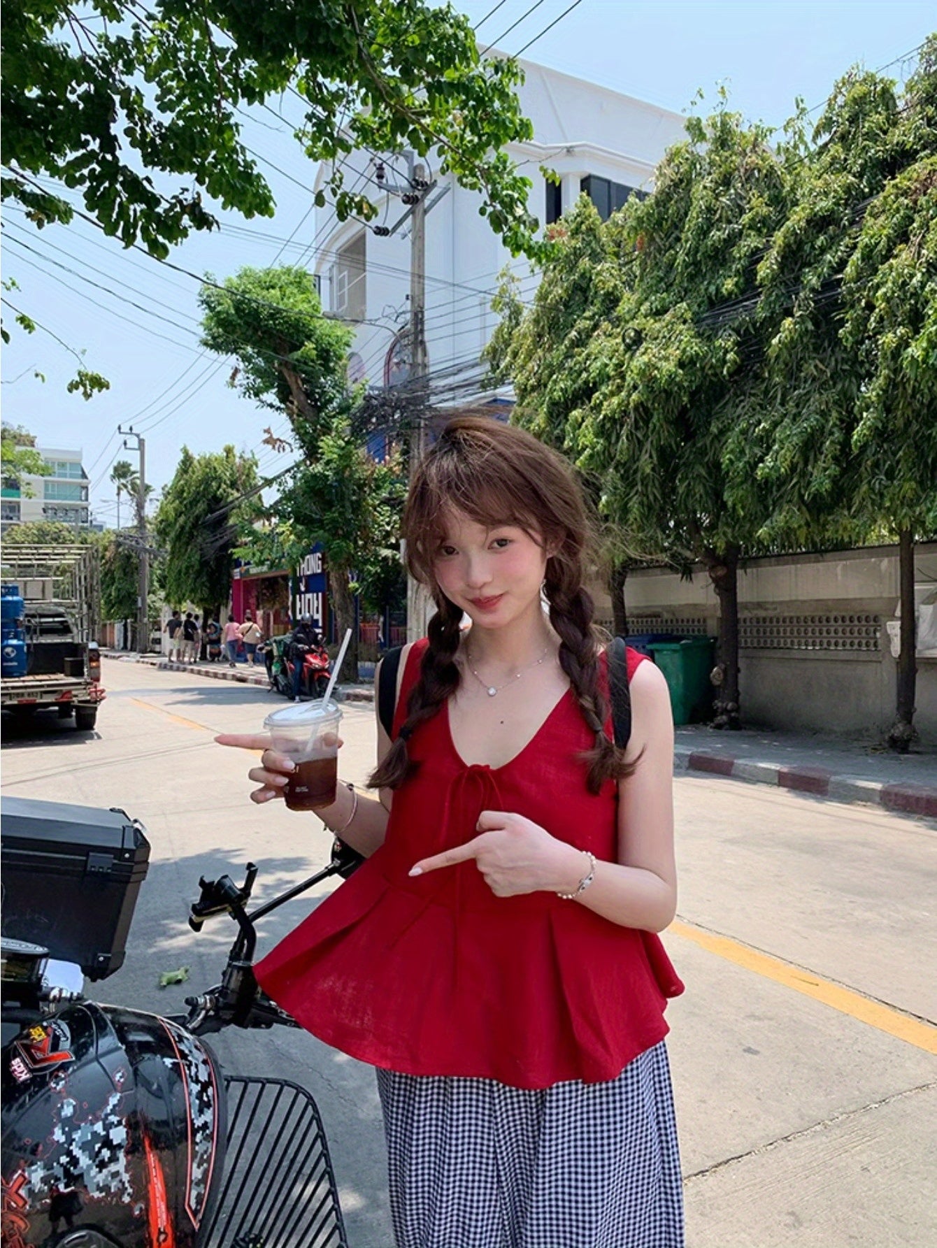 Homemade retro red lace-up ruffle edge linen vest versatile doll shirt