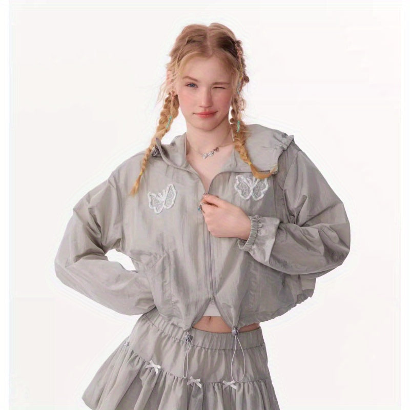 Retro design butterfly embroidery short long sleeve thin hooded sunscreen jacket women