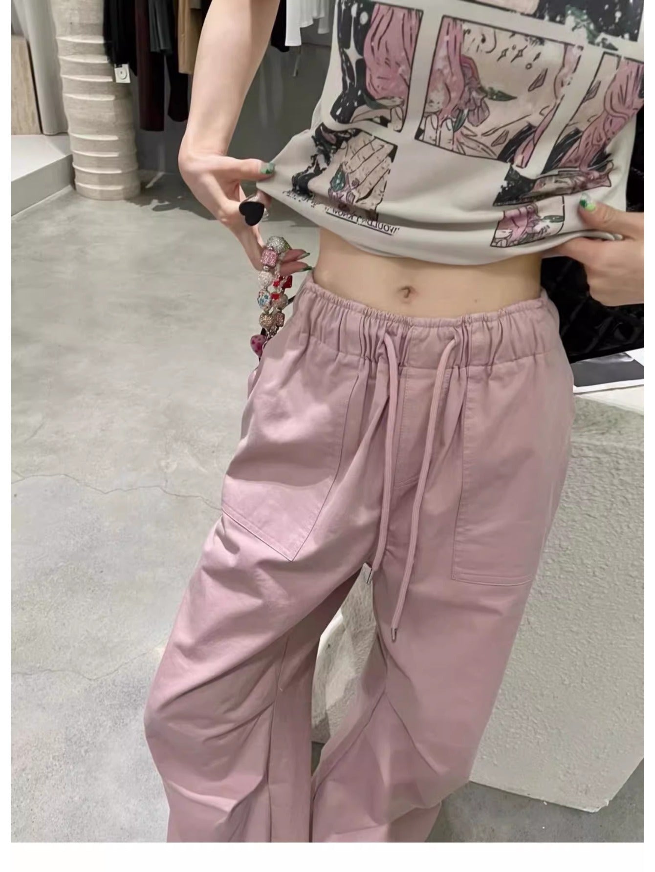 Retro pink overalls women's summer new elastic waist design drape casual versatile and thin wide-leg pants