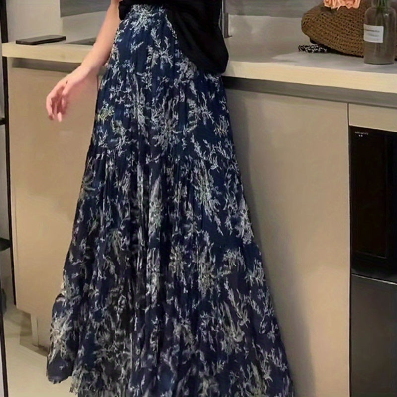 Blue floral design sense fashion temperament skirt women's high waist and thin medium and long skirt spring and summer new 2024
