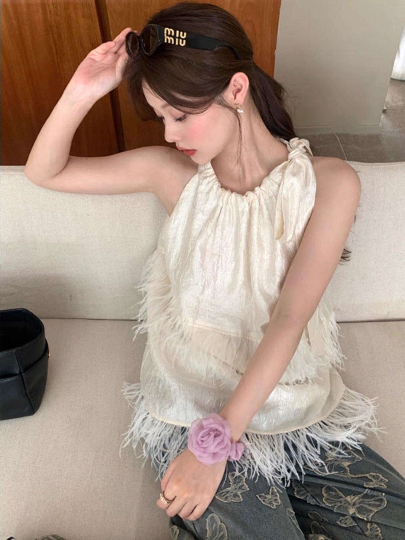 2024 summer slim French pure desire design tassel lace-up sleeveless top women