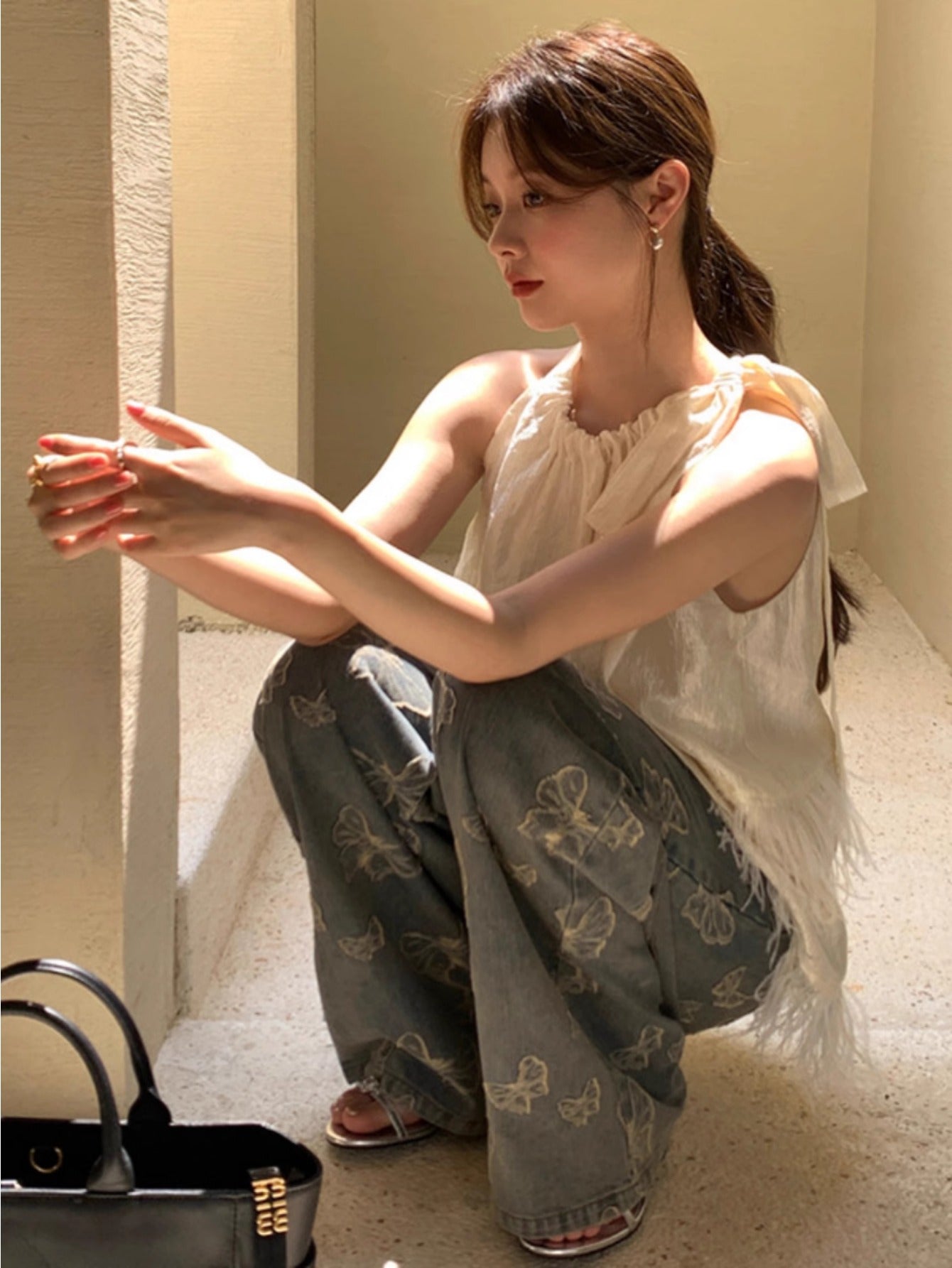 2024 summer slim French pure desire design tassel lace-up sleeveless top women