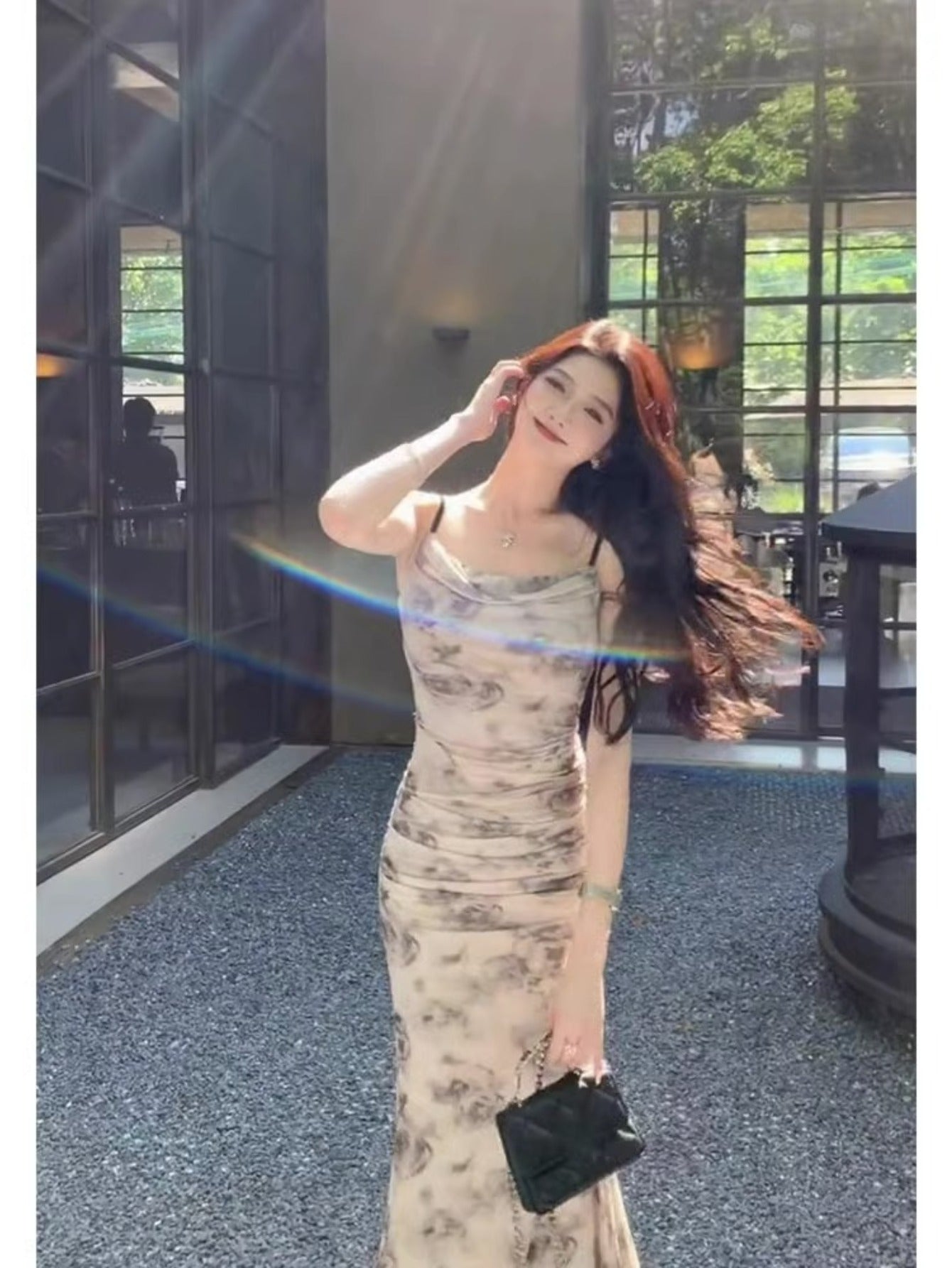 French mesh printing suspender dress women's summer new pure desire style square collar slim and thin hip-wrapped long skirt