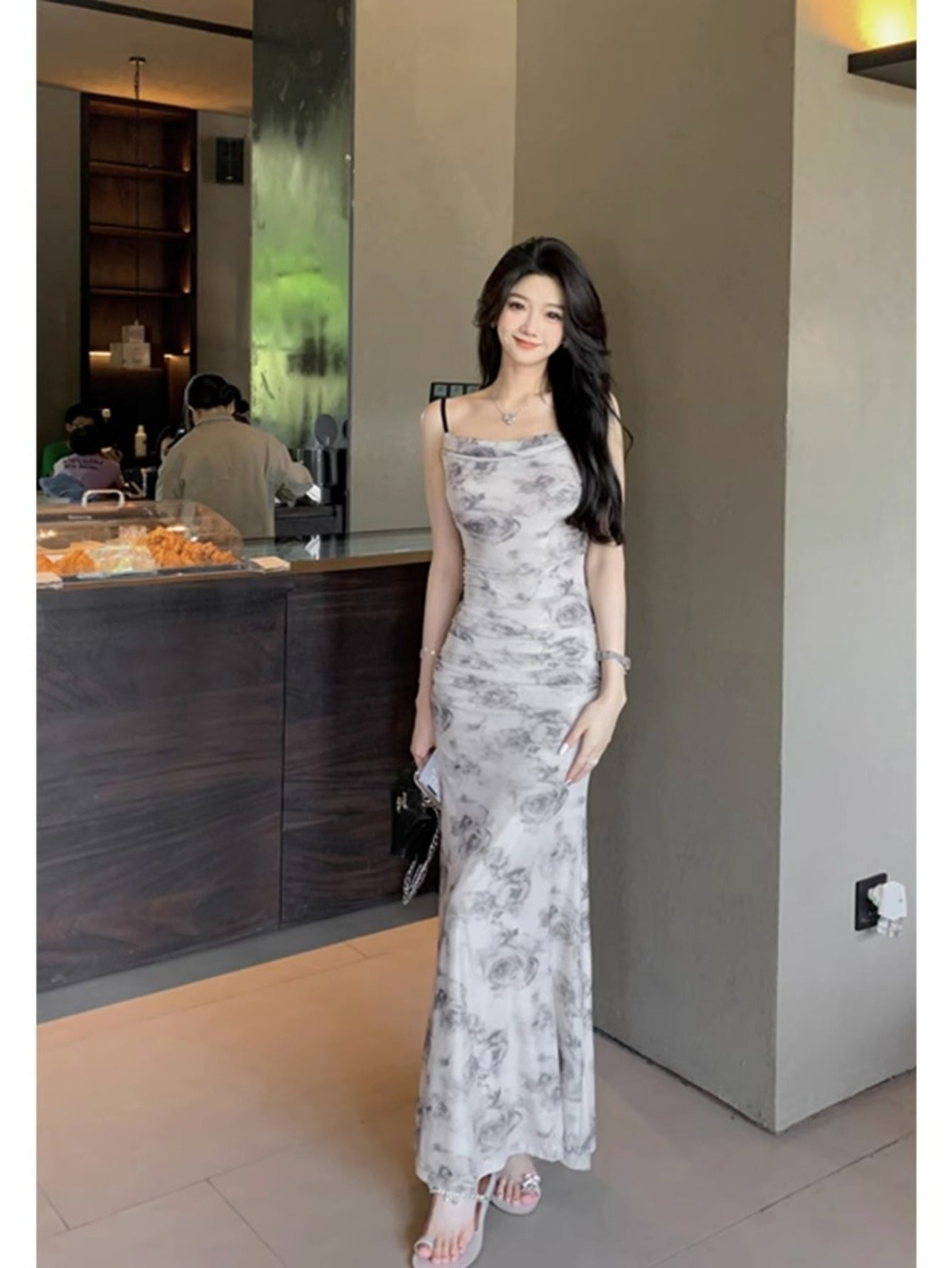 French mesh printing suspender dress women's summer new pure desire style square collar slim and thin hip-wrapped long skirt
