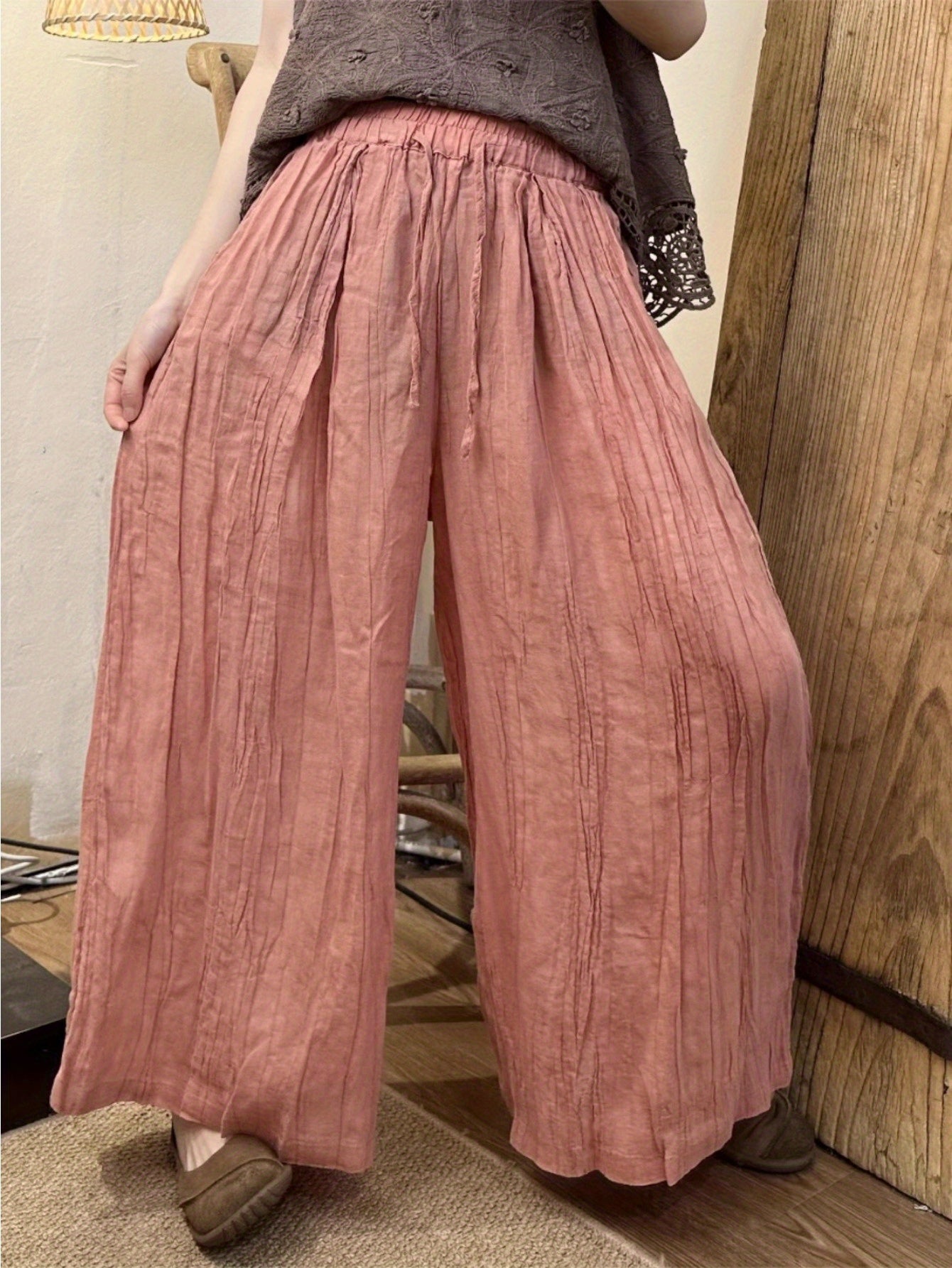 2024 summer new retro niche fresh zen versatile elastic waist pleated hemp straight pants