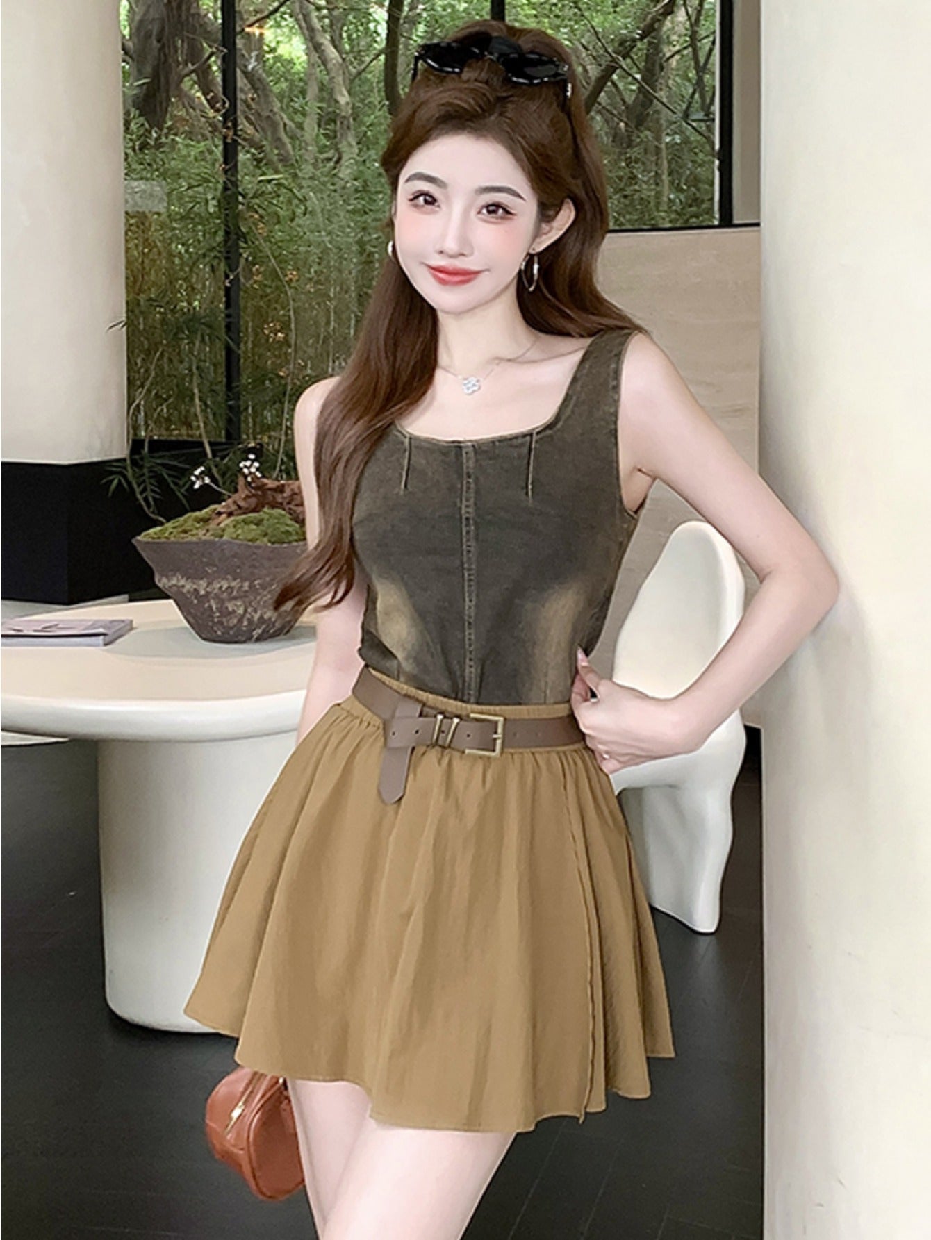Denim suspender vest suit skirt women's summer slim top short A-shaped skirt fashion two-piece set