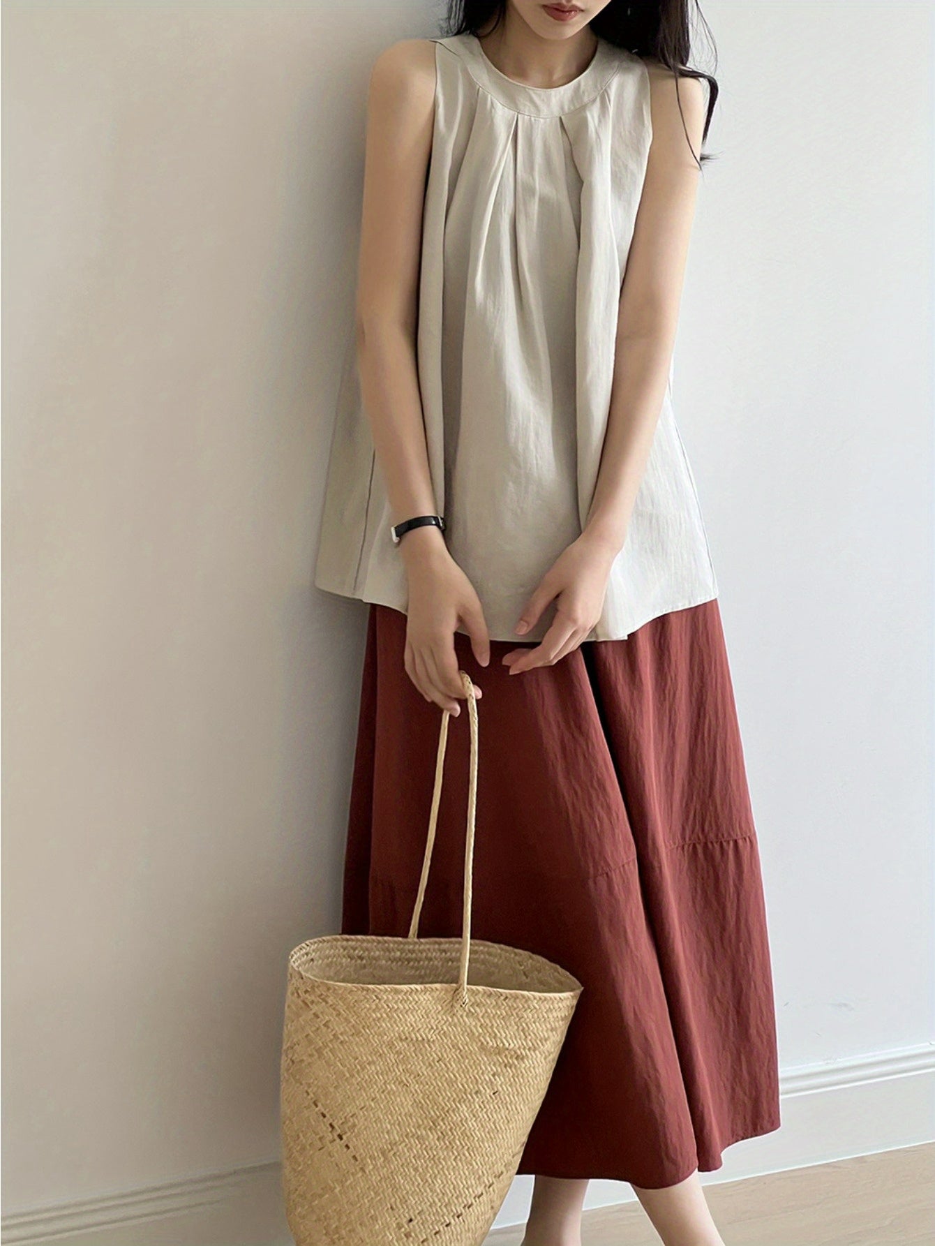 Tencel linen neck shirt women's summer French top loose temperament sleeveless foreign style shirt age-reducing doll shirt