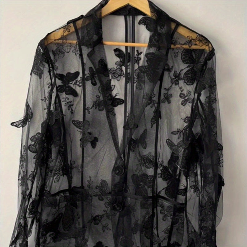 Butterfly embroidery black perspective mesh yarn stacking original designer Guochao versatile casual jacket