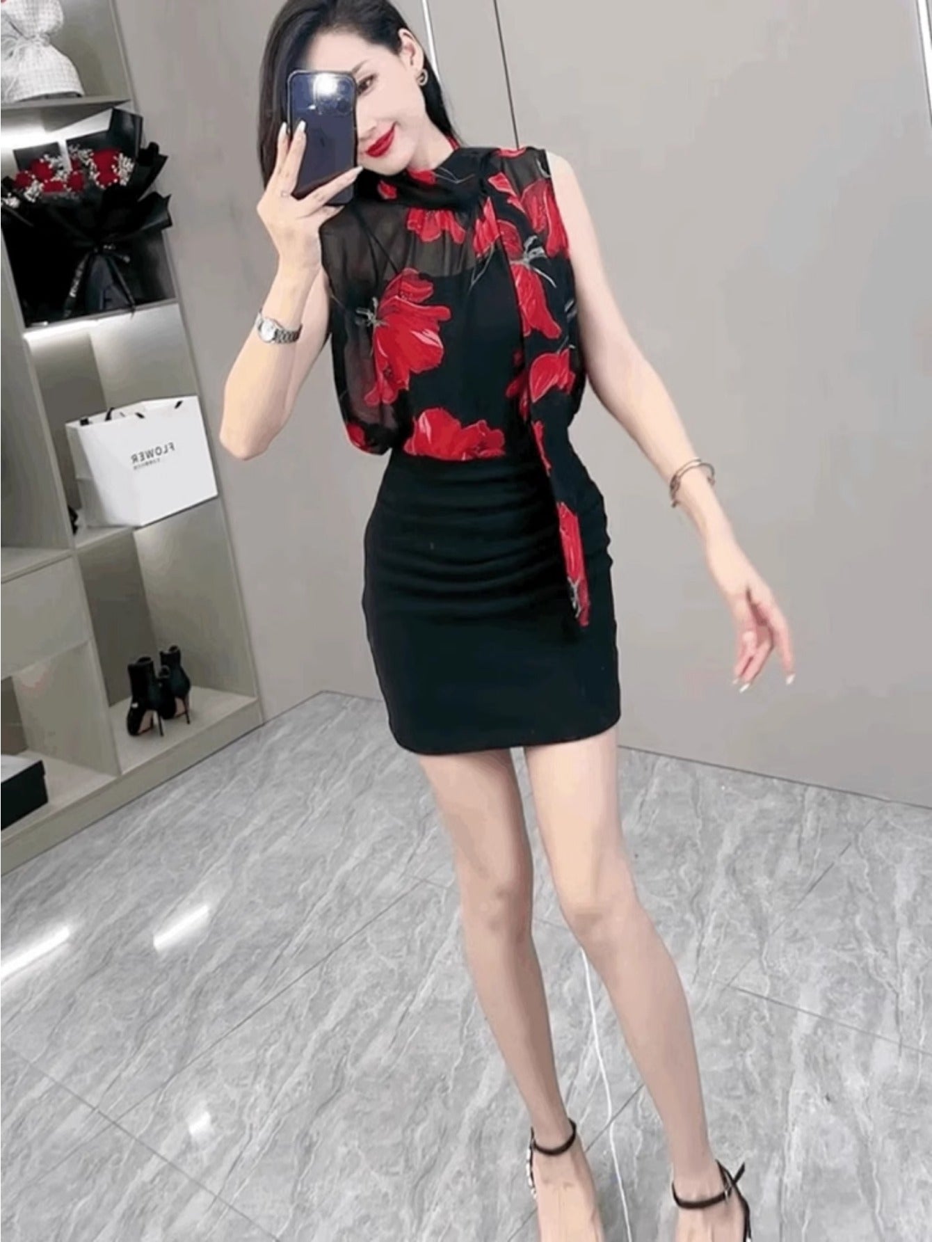 French rose streamer chiffon T-shirt women's new chic high-end versatile sleeveless temperament top trendy