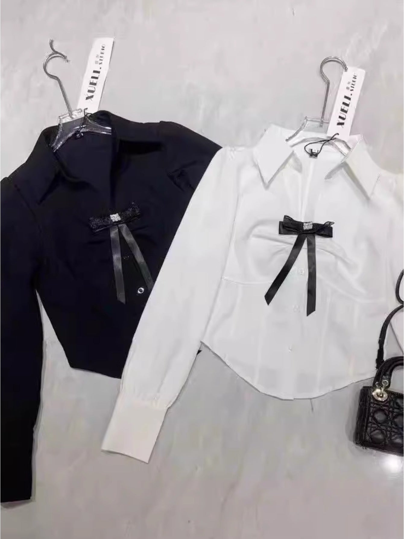 Autumn new Korean version of pure desire wind V-neck bow waist long-sleeved shirt white