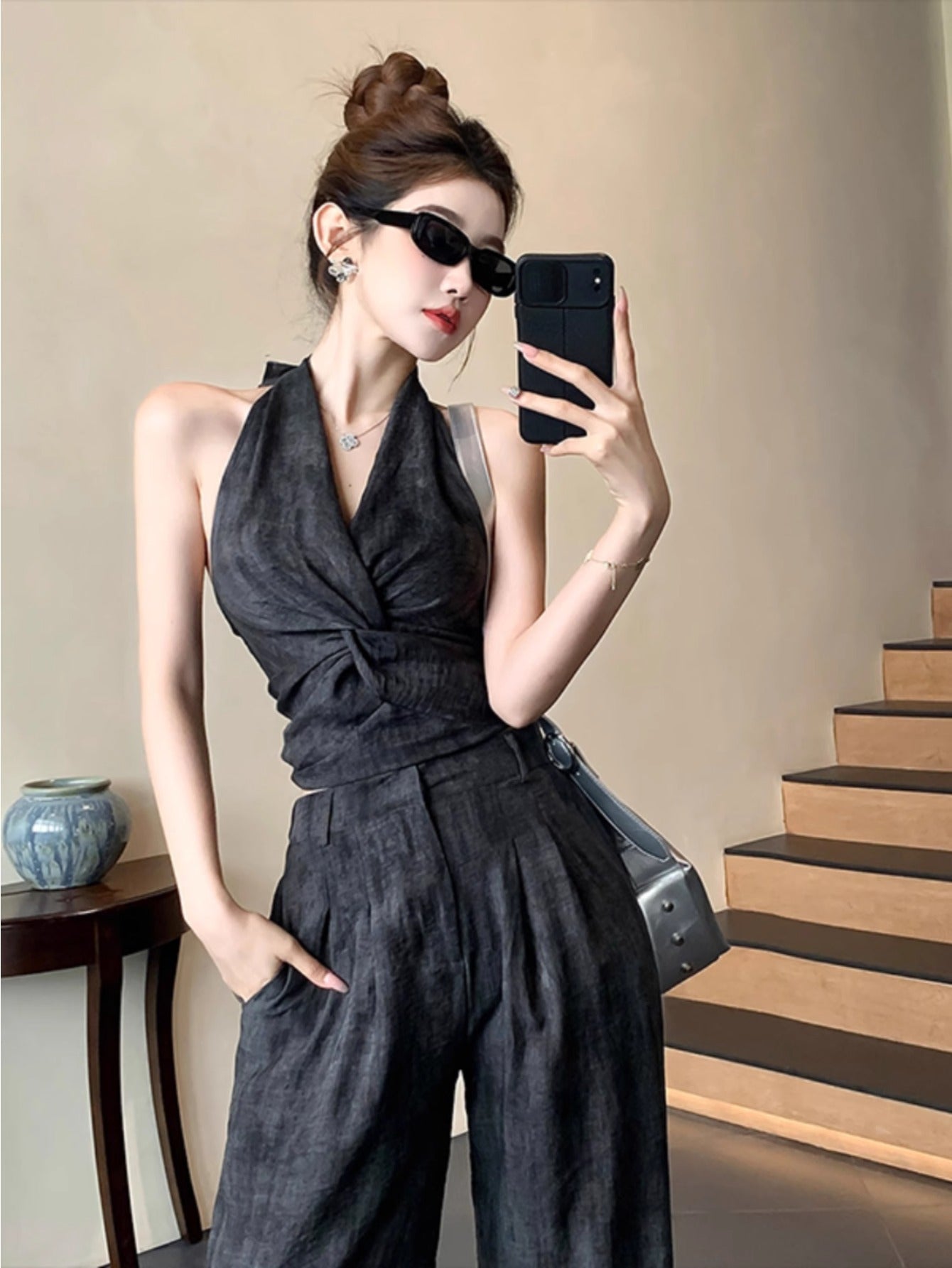 Design sense short neck vest top 2024 summer new slim straight wide-leg pants set two-piece set women