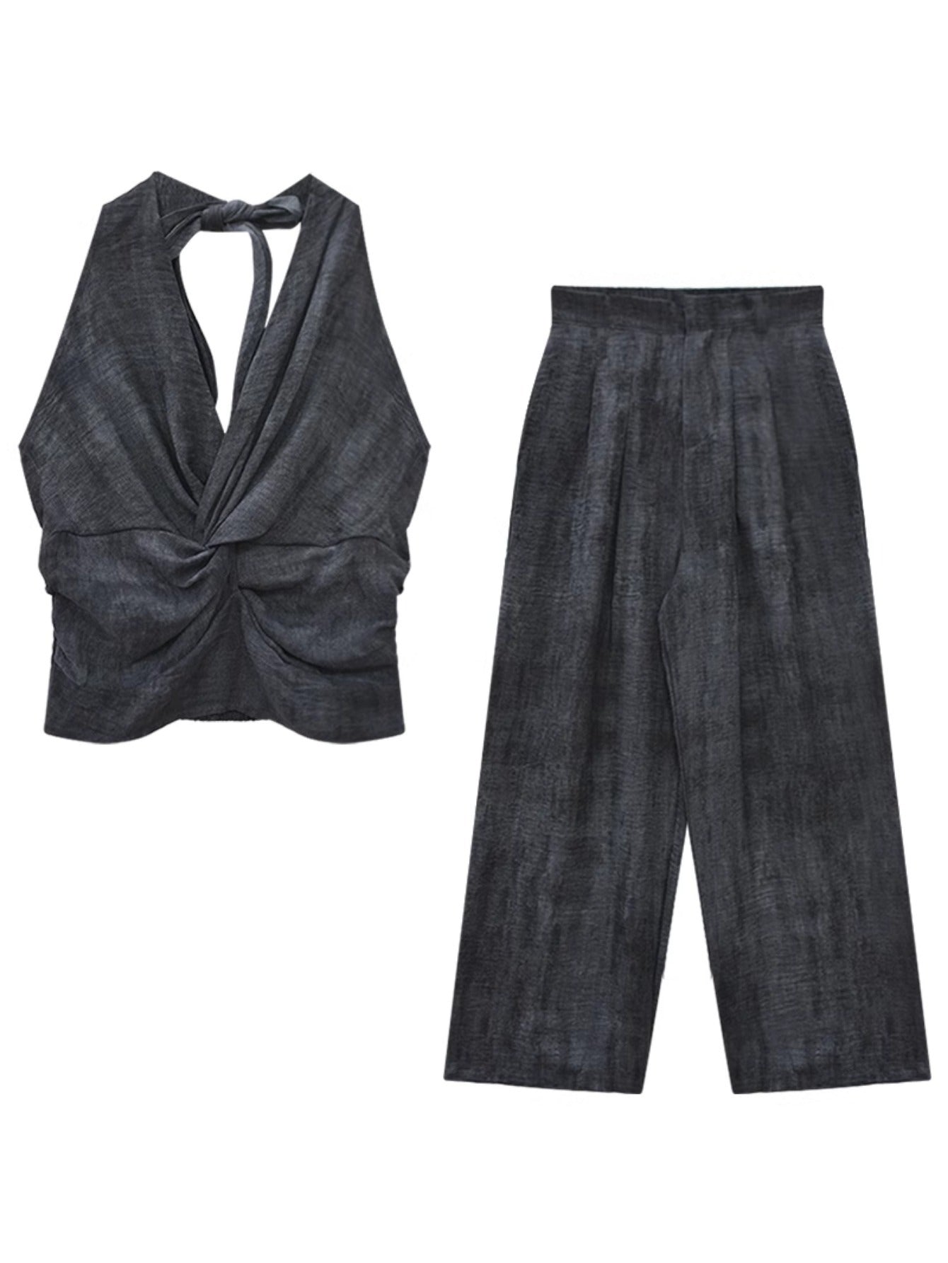 Design sense short neck vest top 2024 summer new slim straight wide-leg pants set two-piece set women
