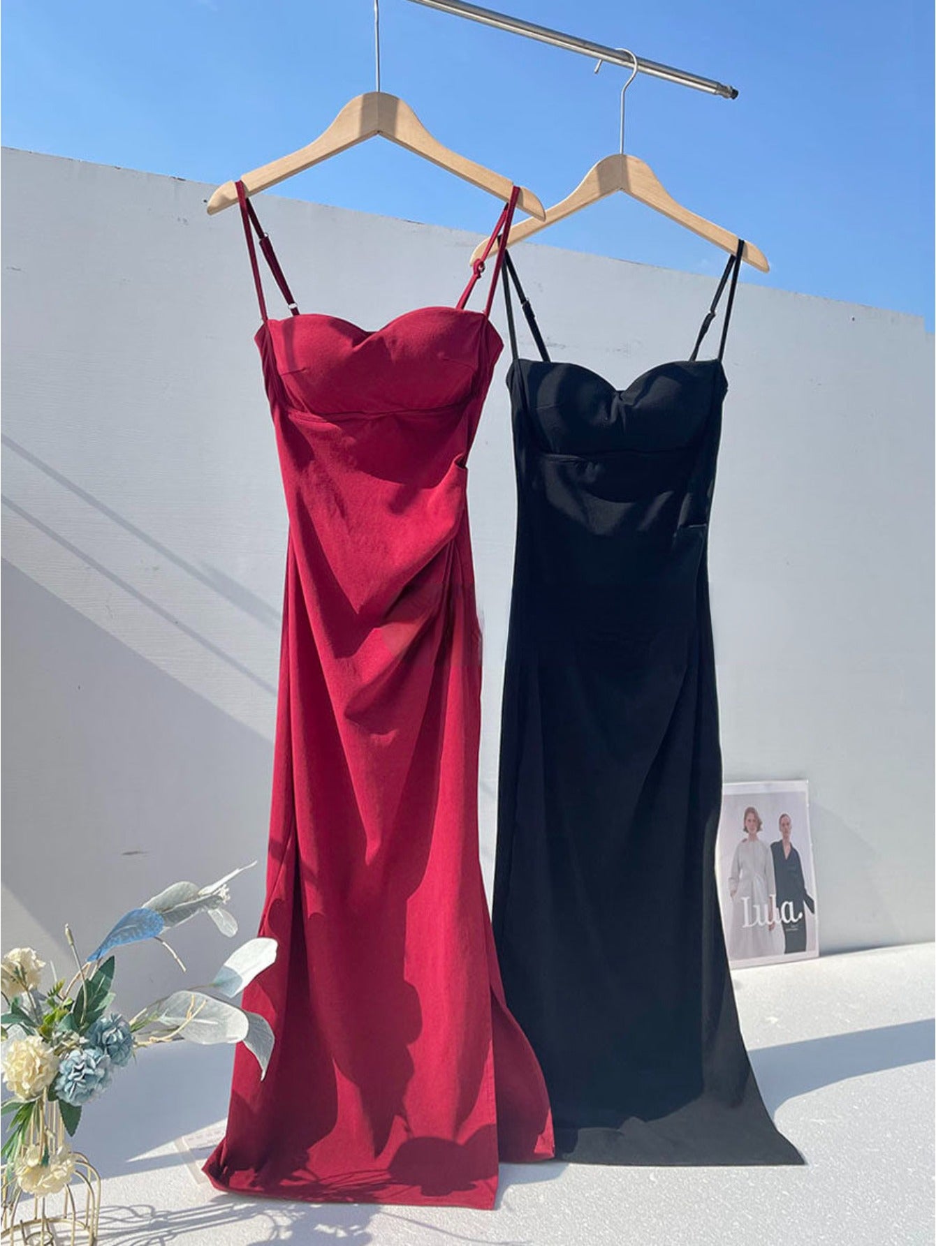 Spring niche design sense pure desire style sexy suspender dress with chest pad cotton skirt pleated split skirt