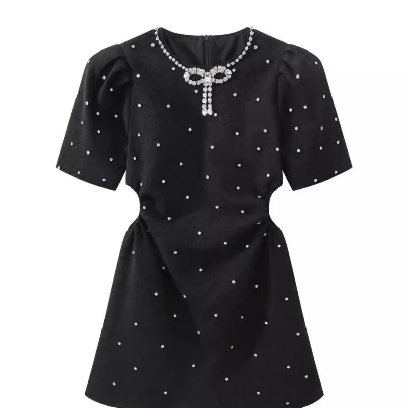 2024 spring and summer new Xiaoxiangfeng bow collar texture fabric hollow waist bubble sleeve dress