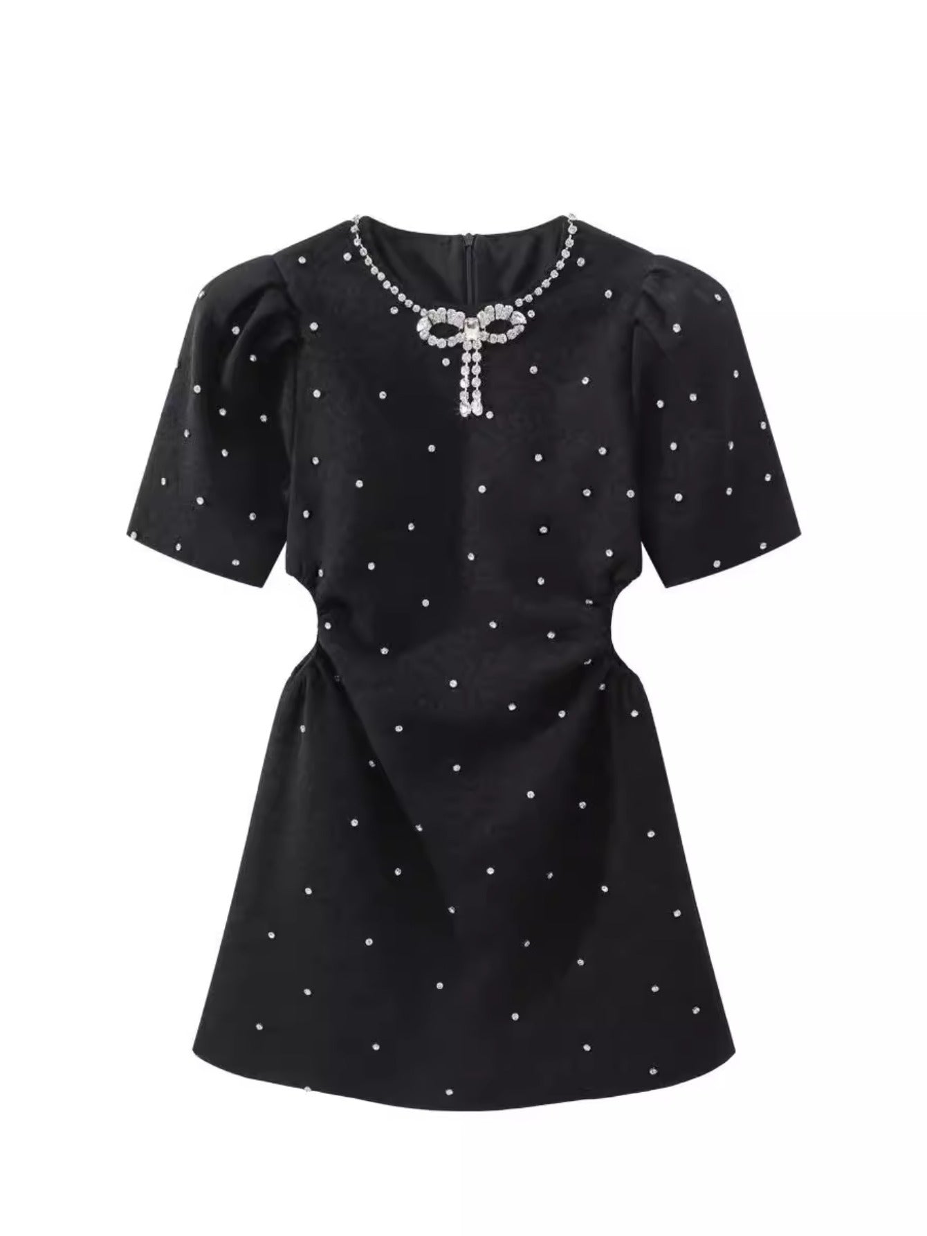 2024 spring and summer new Xiaoxiangfeng bow collar texture fabric hollow waist bubble sleeve dress