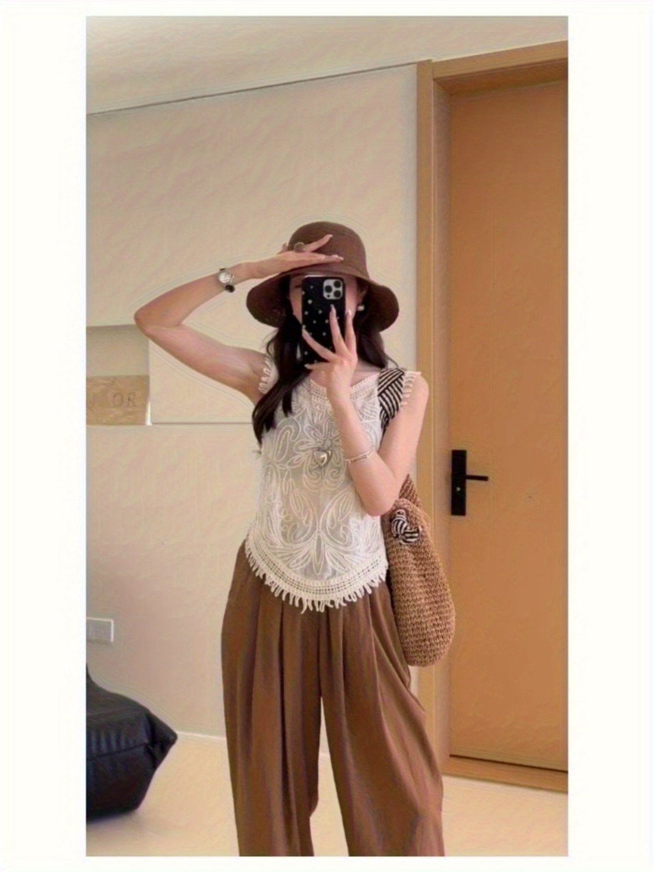 genuine two-piece set, sleeveless fringed vest, crochet shirt + wide-leg straight trousers, age-reducing gentle set