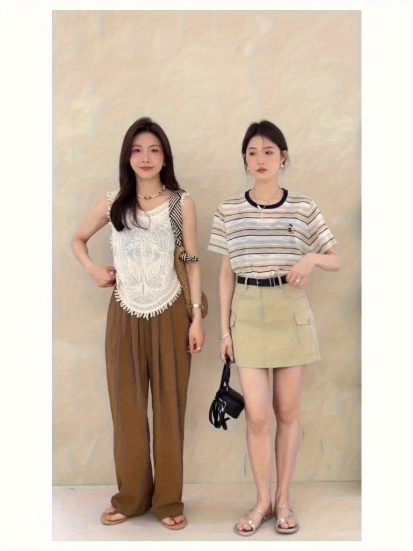 genuine two-piece set, sleeveless fringed vest, crochet shirt + wide-leg straight trousers, age-reducing gentle set