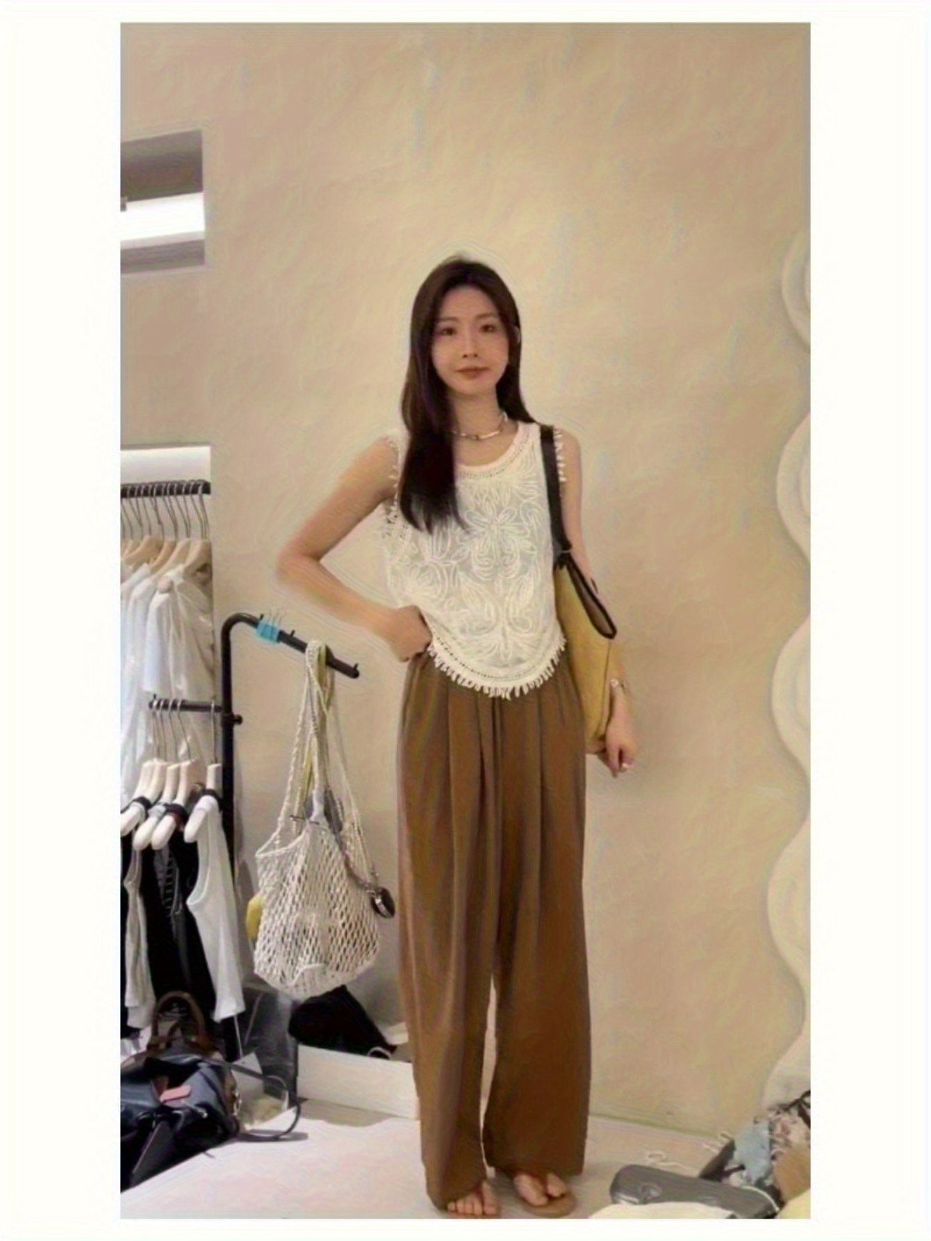 genuine two-piece set, sleeveless fringed vest, crochet shirt + wide-leg straight trousers, age-reducing gentle set