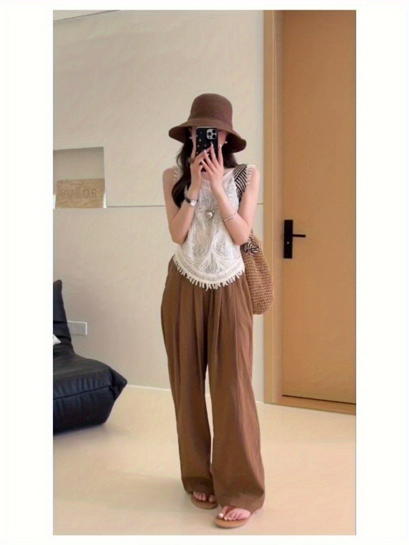 genuine two-piece set, sleeveless fringed vest, crochet shirt + wide-leg straight trousers, age-reducing gentle set