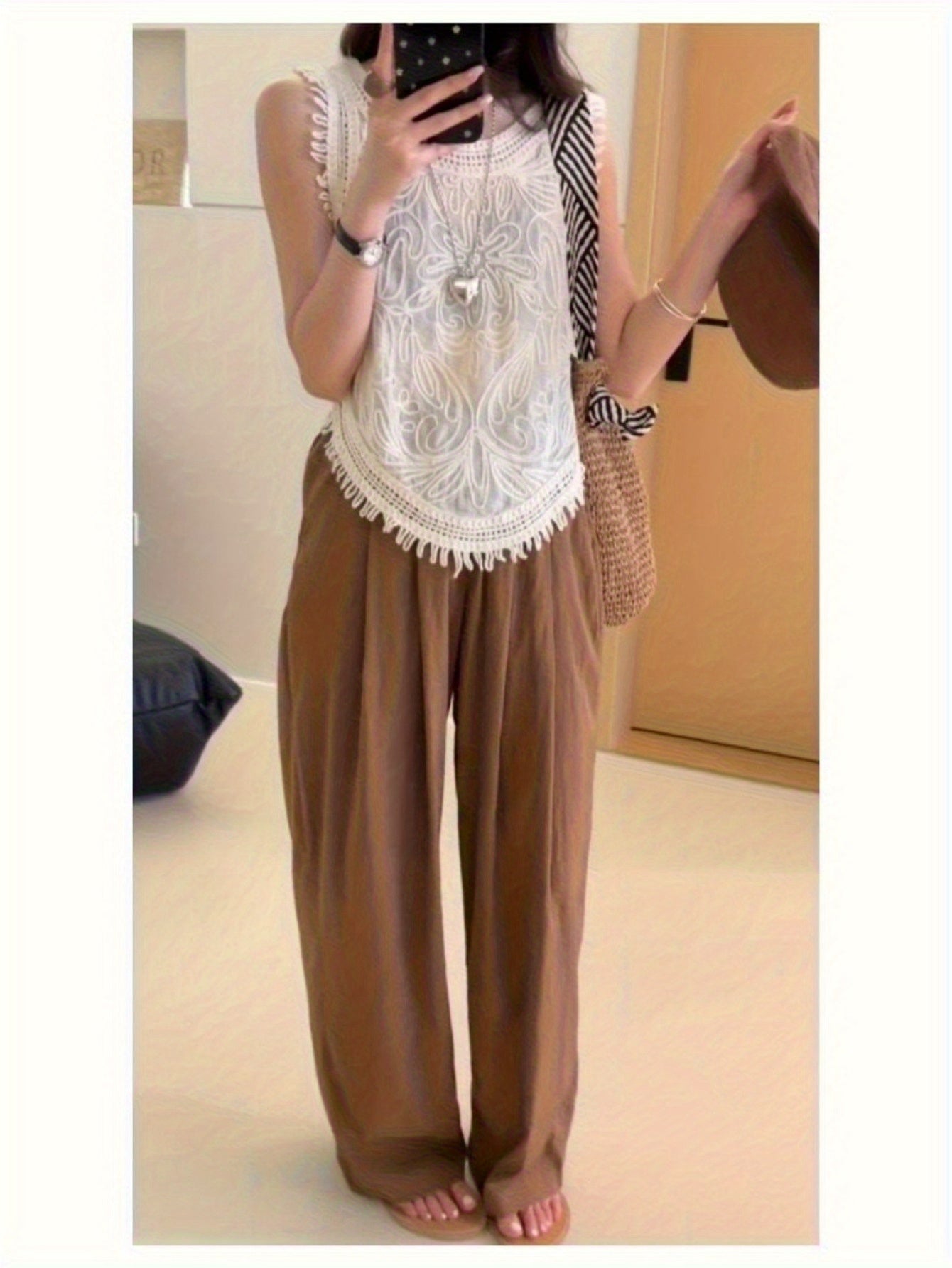 genuine two-piece set, sleeveless fringed vest, crochet shirt + wide-leg straight trousers, age-reducing gentle set