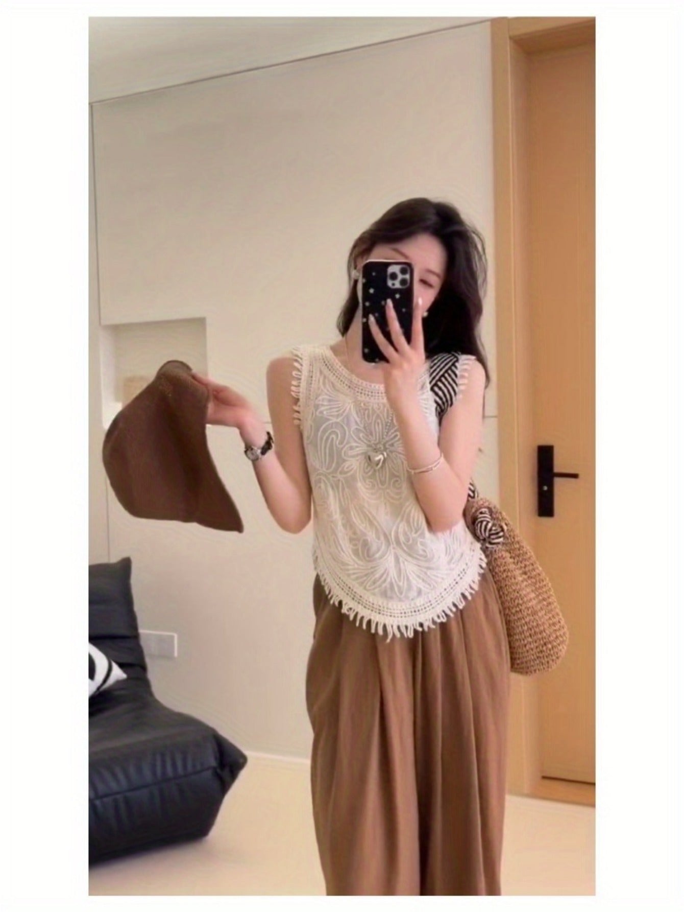 genuine two-piece set, sleeveless fringed vest, crochet shirt + wide-leg straight trousers, age-reducing gentle set
