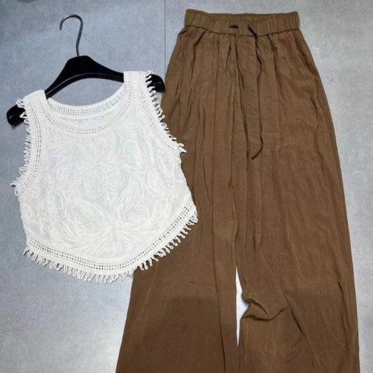 genuine two-piece set, sleeveless fringed vest, crochet shirt + wide-leg straight trousers, age-reducing gentle set
