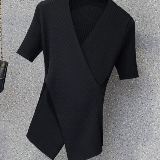 Large size women's clothing summer irregular ice silk knitted v-neck top fat sister waist cover belly thin short sleeve t-shirt