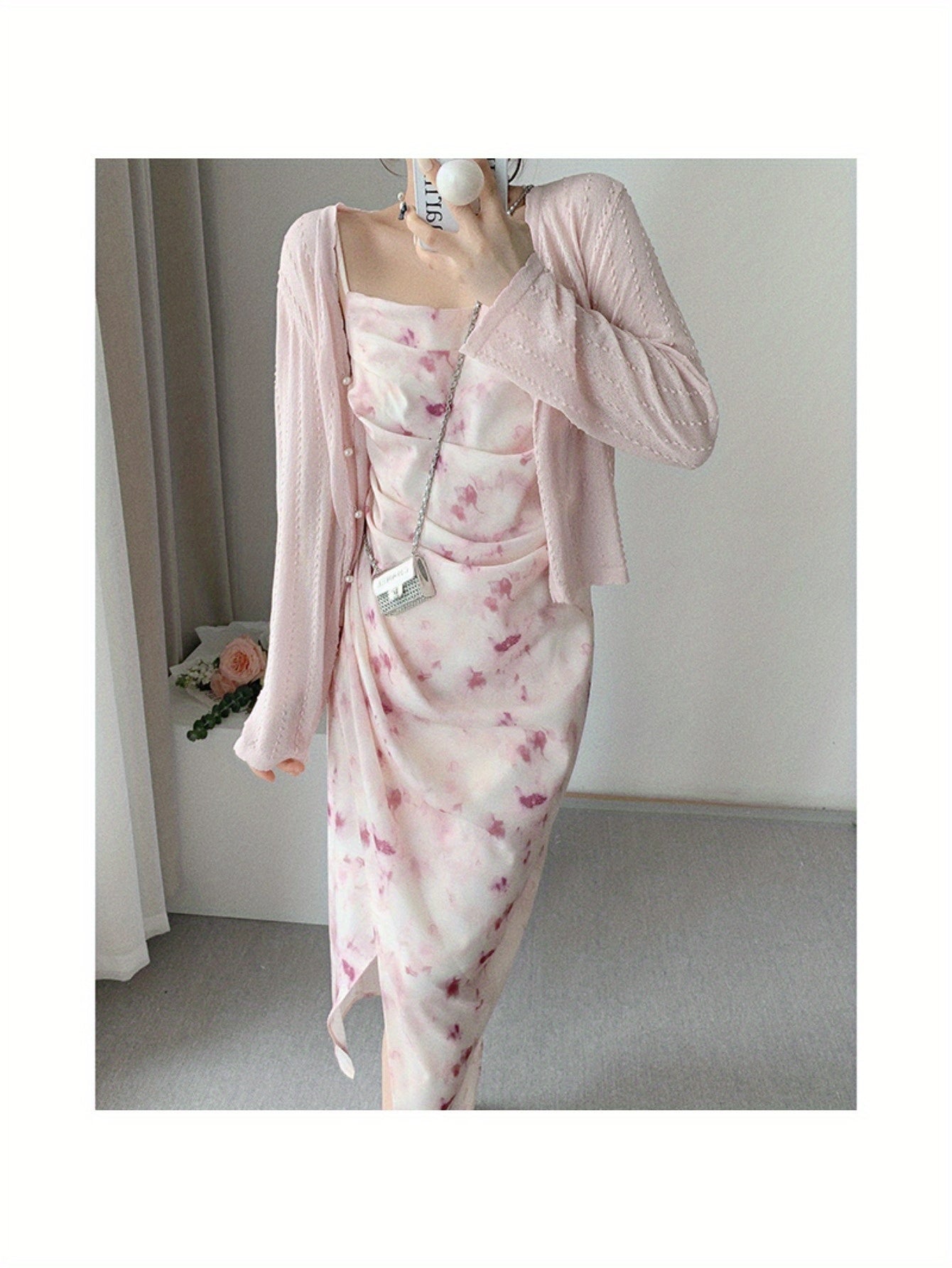 Pink print suspender dress women's summer swinging collar high waist thin chiffon dress