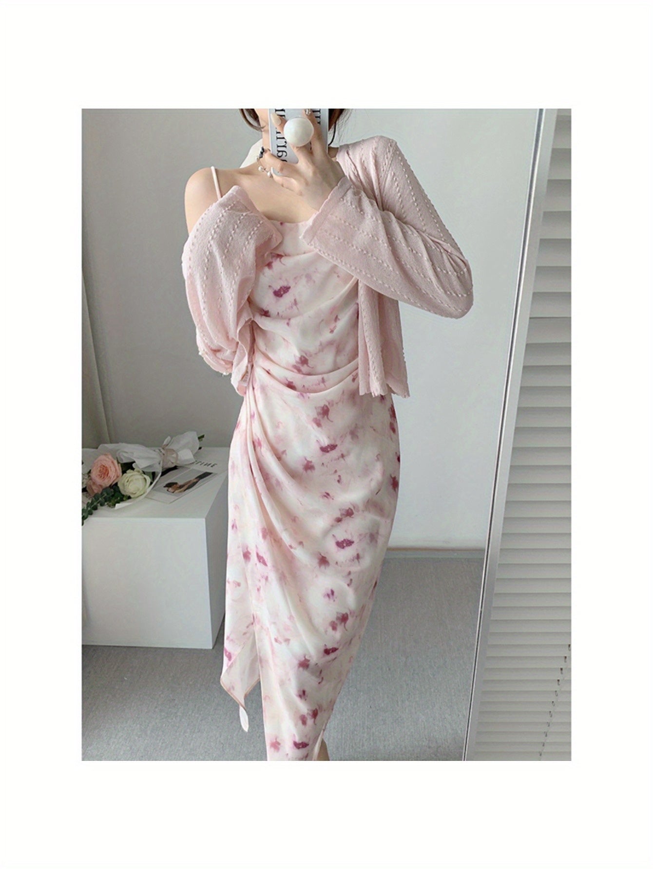 Pink print suspender dress women's summer swinging collar high waist thin chiffon dress