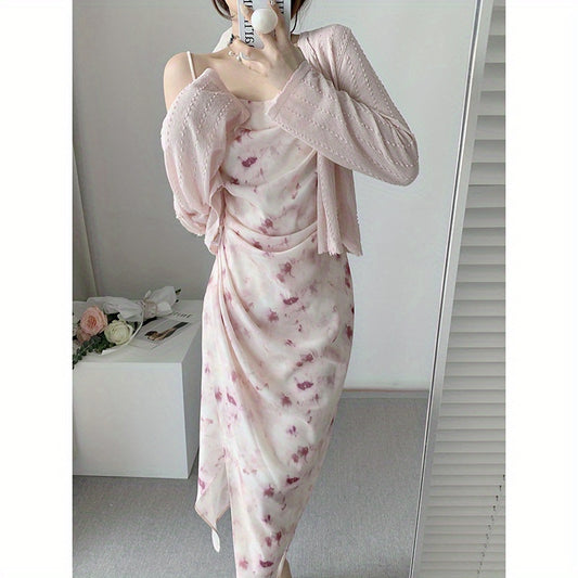 Pink print suspender dress women's summer swinging collar high waist thin chiffon dress