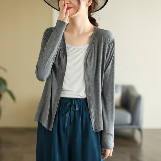 Literary stretch cotton solid color long-sleeved short top women's summer thin casual versatile loose cardigan jacket