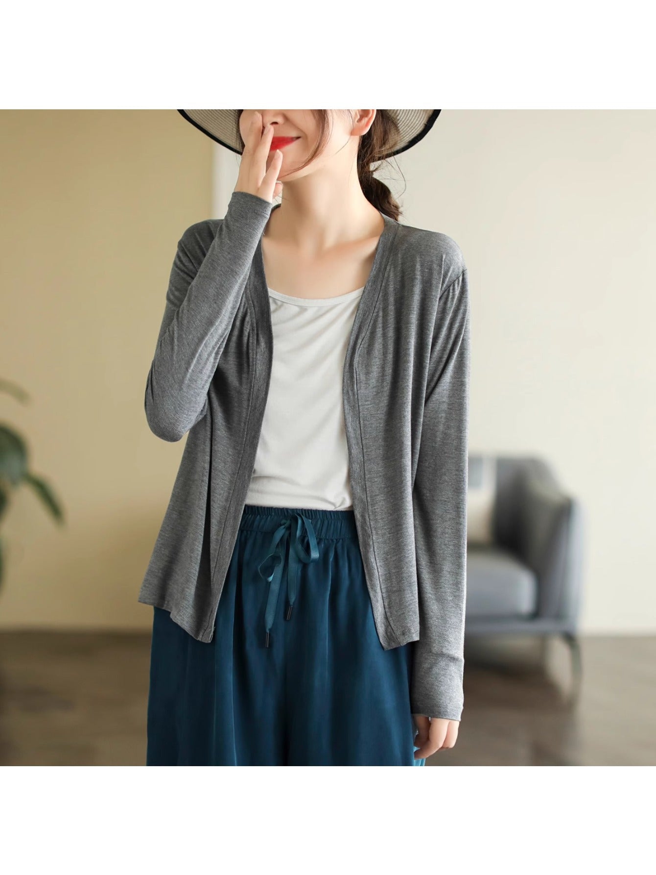 Literary stretch cotton solid color long-sleeved short top women's summer thin casual versatile loose cardigan jacket