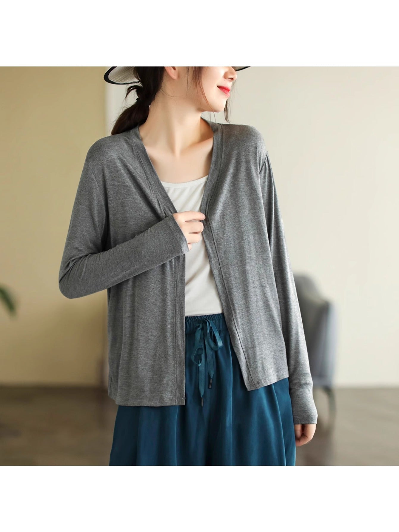 Literary stretch cotton solid color long-sleeved short top women's summer thin casual versatile loose cardigan jacket