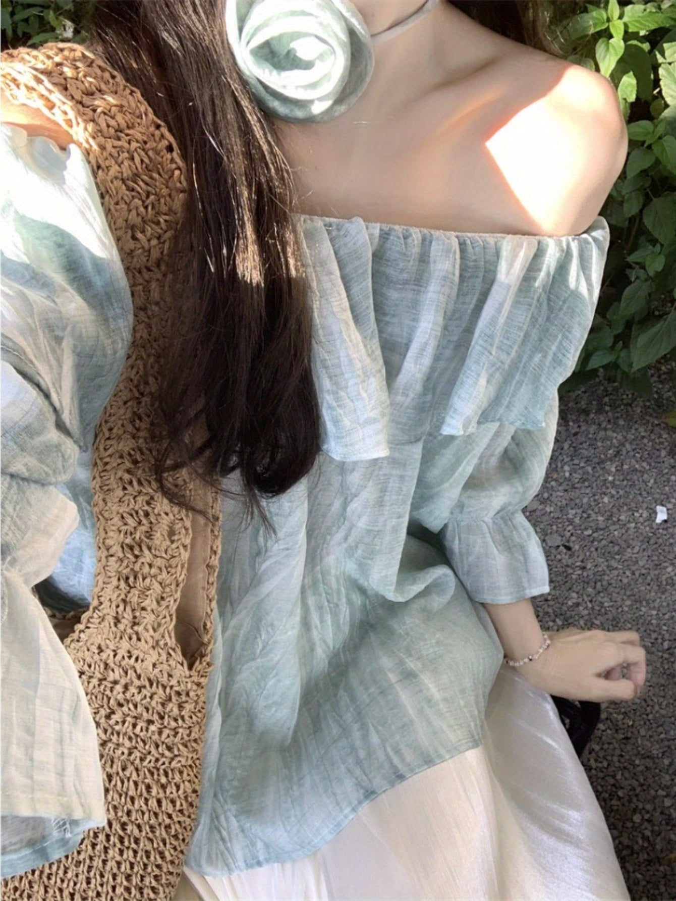 French retro tie-dye ruffle edge shoulder shirt women's summer sweet and chic loose and thin flared sleeve top