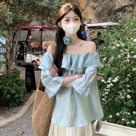 French retro tie-dye ruffle edge shoulder shirt women's summer sweet and chic loose and thin flared sleeve top