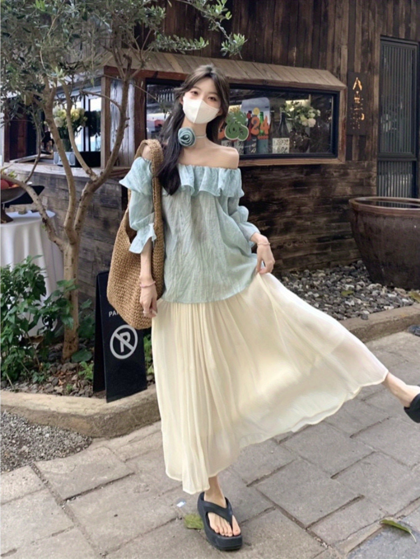French retro tie-dye ruffle edge shoulder shirt women's summer sweet and chic loose and thin flared sleeve top