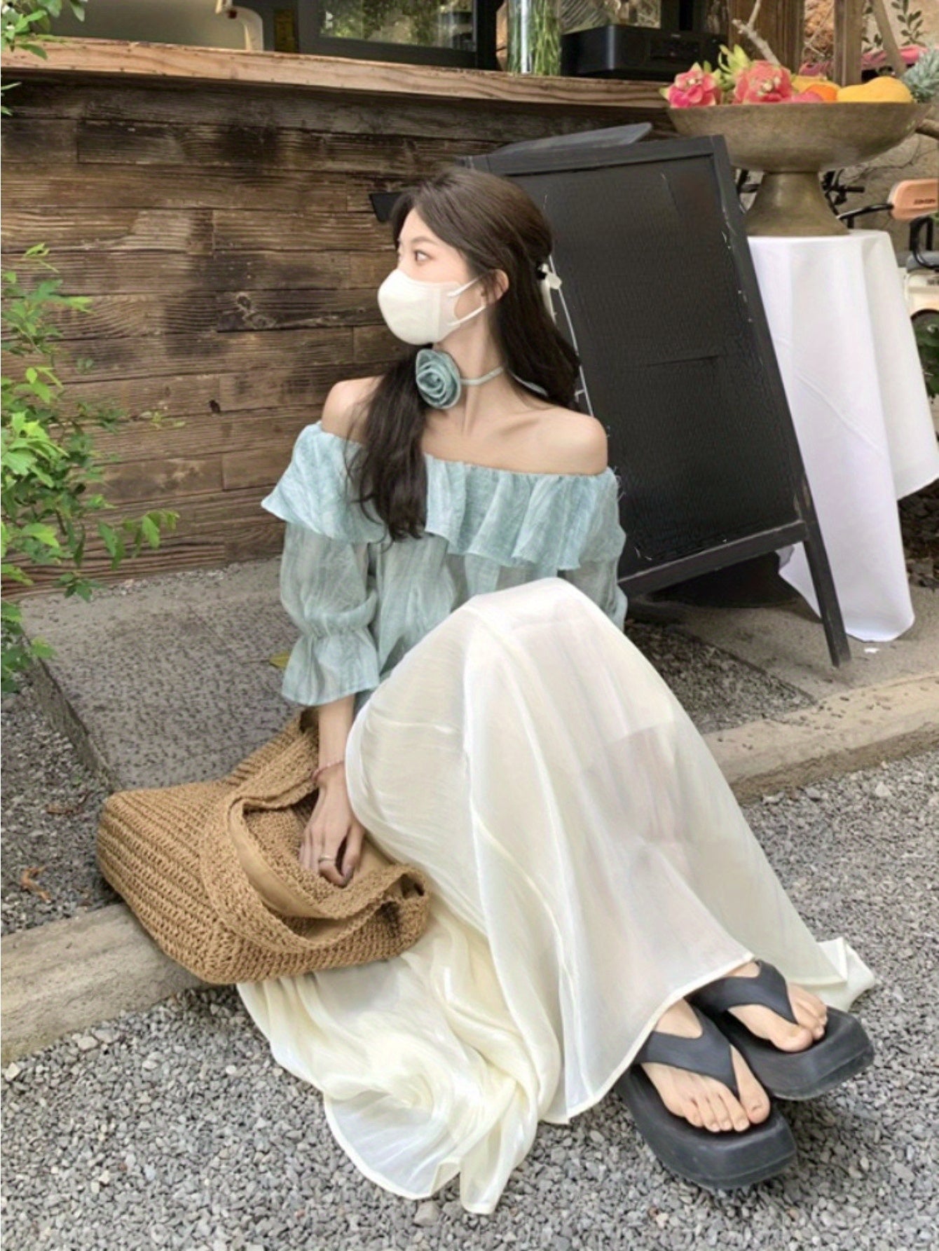 French retro tie-dye ruffle edge shoulder shirt women's summer sweet and chic loose and thin flared sleeve top