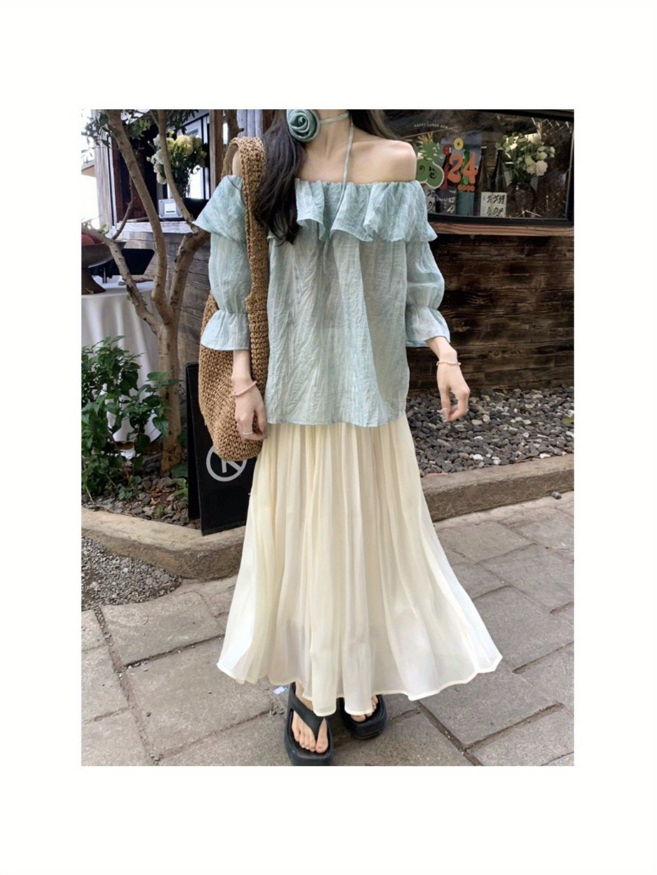 French retro tie-dye ruffle edge shoulder shirt women's summer sweet and chic loose and thin flared sleeve top