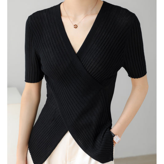 Design sense niche ice silk short-sleeved T-shirt women's summer thin black V-neck high-end sense knitted irregular cross top