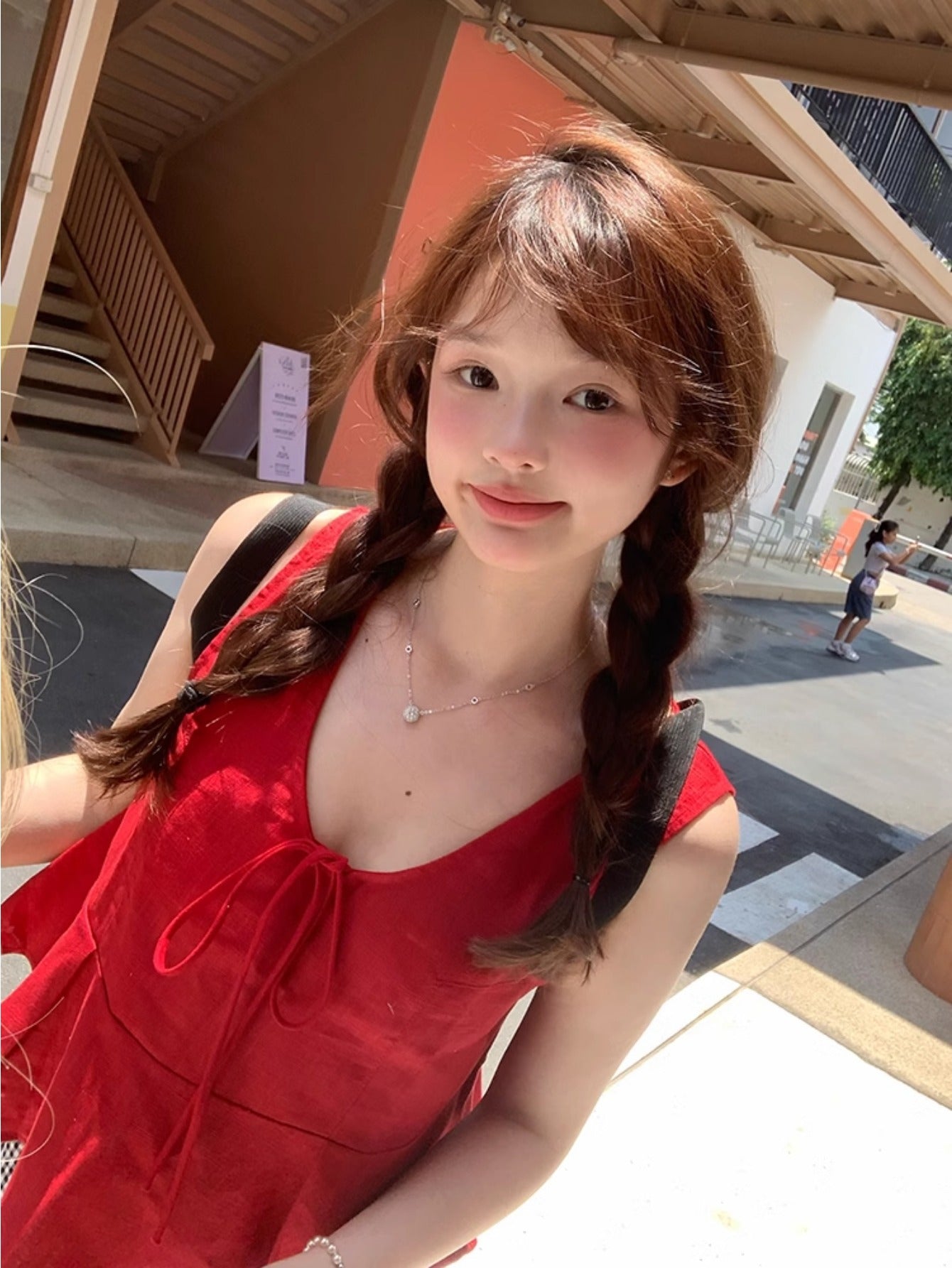 Homemade retro red lace-up ruffle edge linen vest versatile doll shirt