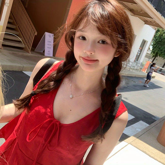 Homemade retro red lace-up ruffle edge linen vest versatile doll shirt