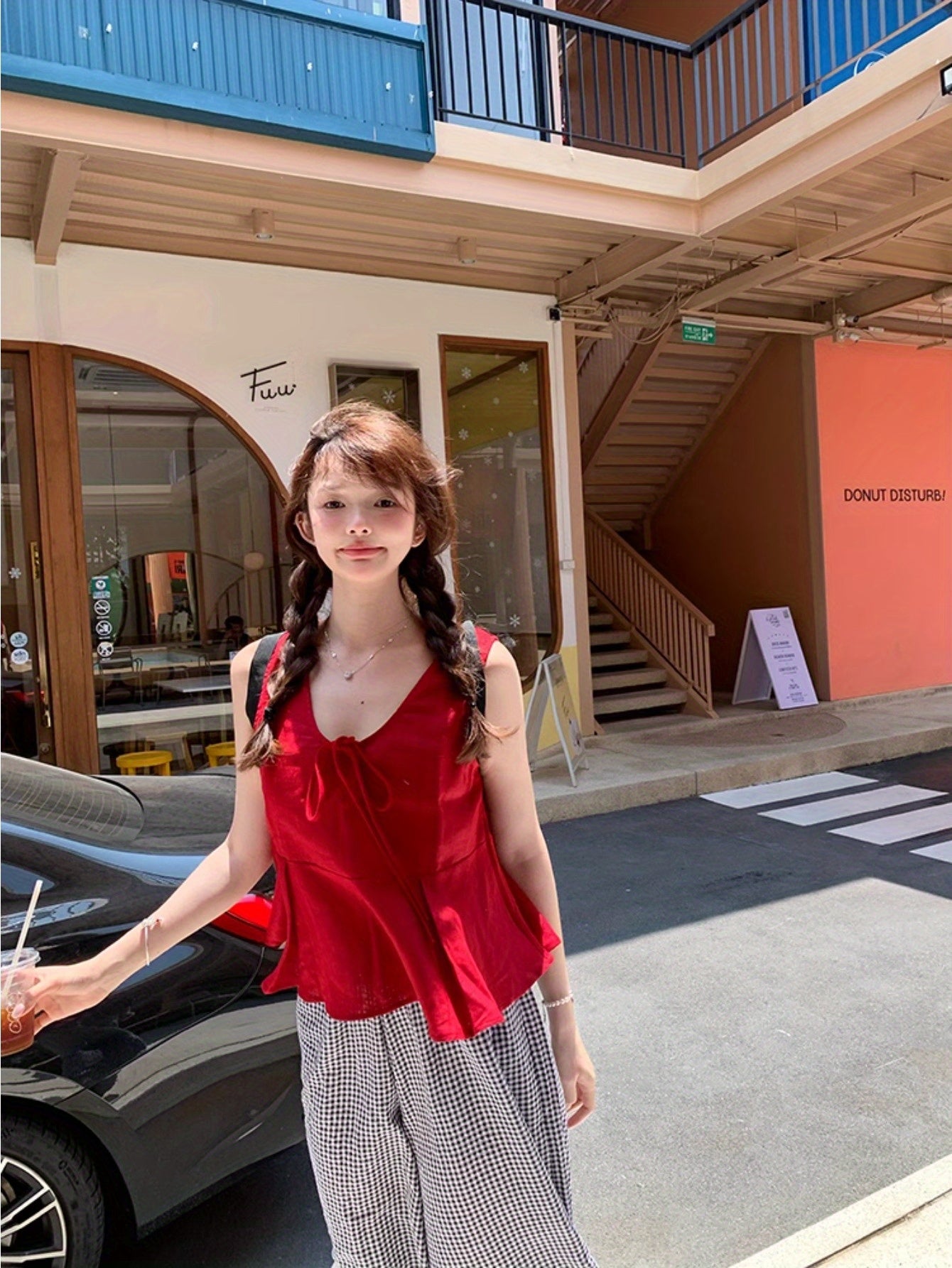 Homemade retro red lace-up ruffle edge linen vest versatile doll shirt