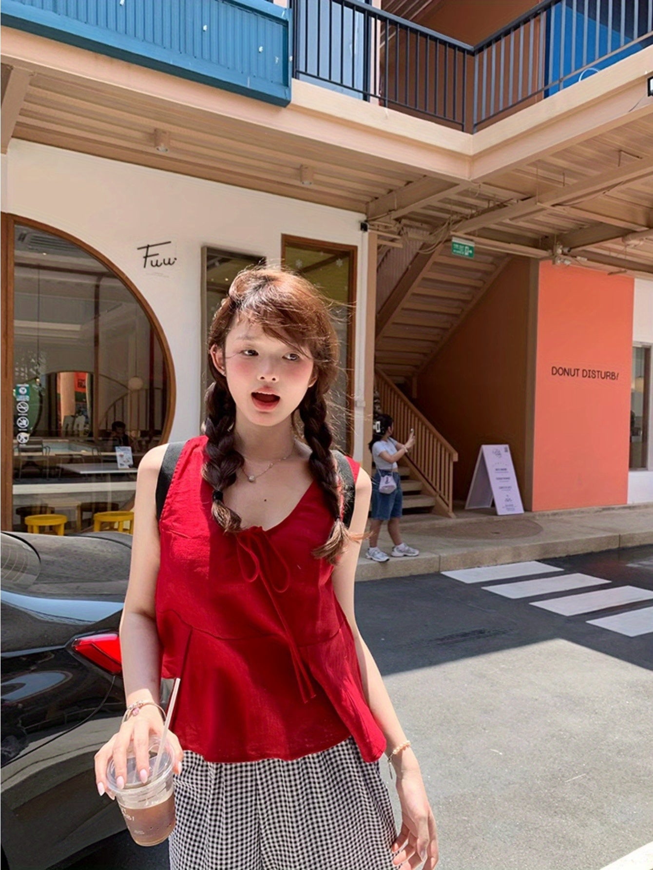 Homemade retro red lace-up ruffle edge linen vest versatile doll shirt