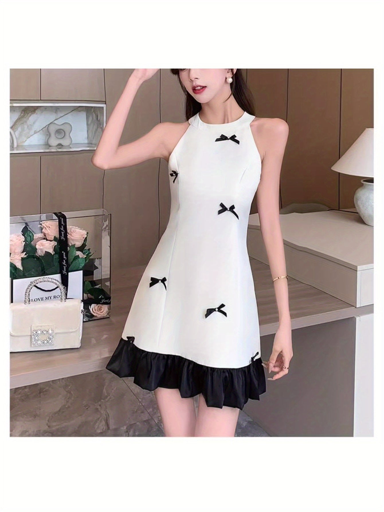 Fashion temperament off-the-shoulder elegant bow neck vest suspender A-word short dress summer new women's clothing