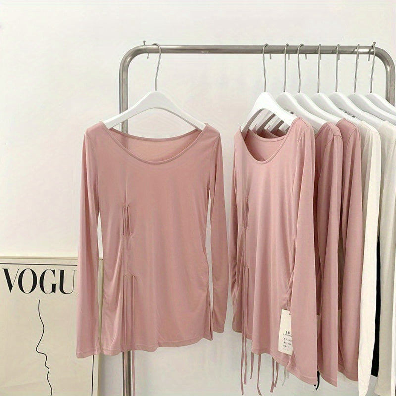 Sports top large size drawstring t-shirt women's fitness wear long sleeves autumn and winter new loose running blouse yoga clothes
