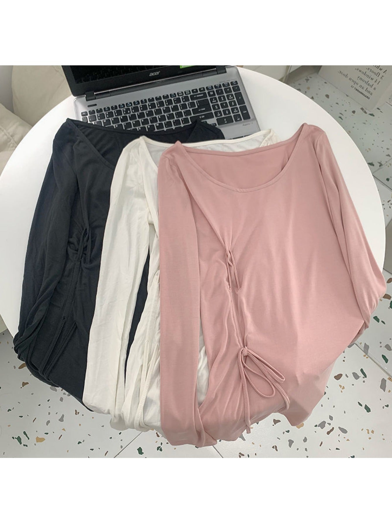 Sports top large size drawstring t-shirt women's fitness wear long sleeves autumn and winter new loose running blouse yoga clothes
